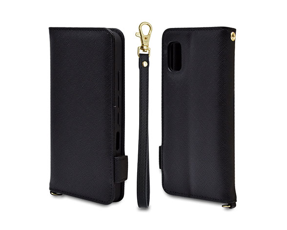 AQUOS wish/wish2 専用ケース 手帳型 ハンドストラップ付き手帳 横型 ブラック
