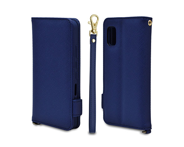 AQUOS wish/wish2 専用ケース 手帳型 ハンドストラップ付き手帳 横型 ネイビー