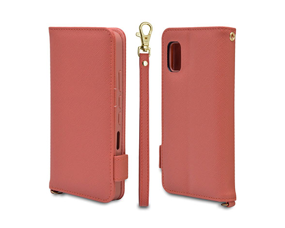 AQUOS wish/wish2 専用ケース 手帳型 ハンドストラップ付き手帳 横型 コーラルピンク