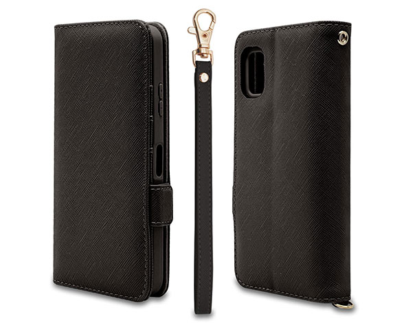 AQUOS wish3 専用ケース 手帳型 ハンドストラップ付き手帳 横型 BK