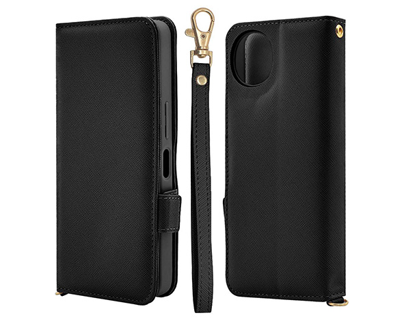 AQUOS wish5 専用ケース 手帳型 ハンドストラップ付き手帳 横型 BK
