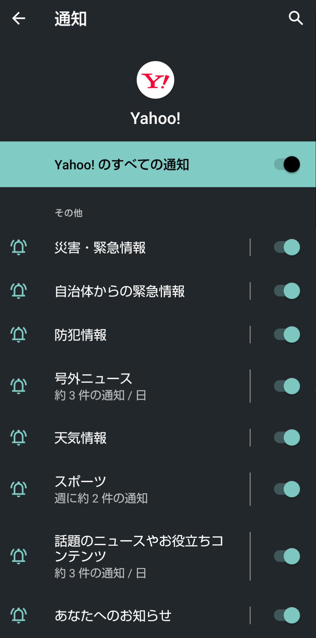 ドコモ AQUOS sense5G R6 SH-53A(Android 11)のYahoo!の通知一覧画面