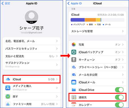 iCloudの画面で「連絡先」の同期がオンになっていることを確認